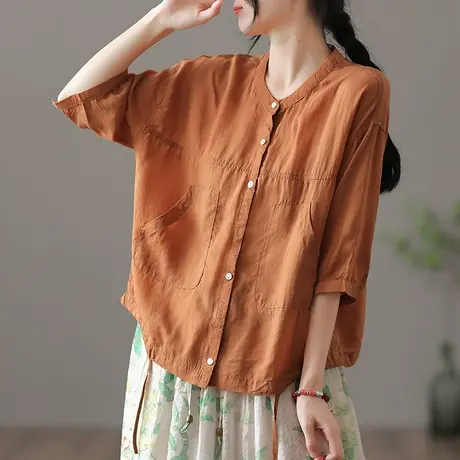 dza 复古纯棉白色短袖衬衫女士夏季开衫上衣薄款口袋显瘦半袖衬衣图片