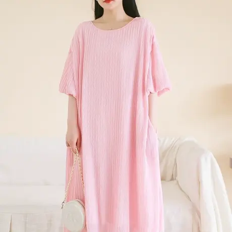 胖妹妹夏2023新款松针肌理气质简约长袍连衣裙高级感粉色宽松裙子商品大图