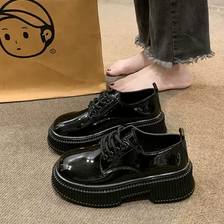 黑色小皮鞋女2023秋季新款复古英伦风小个子粗跟厚底圆头系带单鞋商品大图