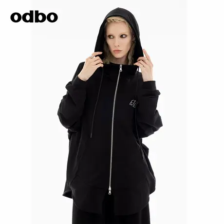 odbo/欧迪比欧时尚设计感外套女2024年秋季新款撞色棉质连帽卫衣图片