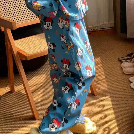 蓝底米奇~可爱软萌磨毛睡衣娃娃领套装印花长袖长裤家居服可外穿商品大图