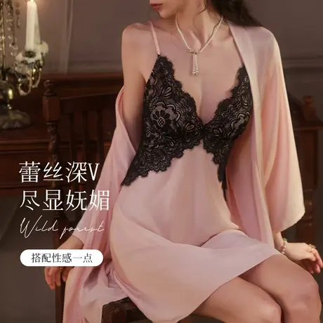 梦芭蒂春夏新款性感深V蕾丝美背浪漫吊带睡裙女轻薄透气带胸垫商品大图