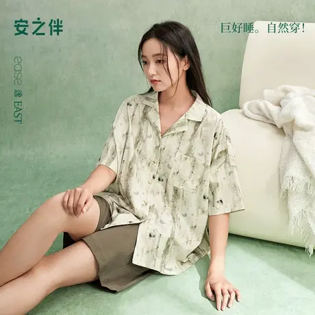 安之伴【巨凉感】睡衣女款夏季纯棉短袖短裤宽松大码可外穿家居服商品大图