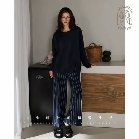 妮狄娅睡衣女春秋季纯棉长袖时尚条纹阔腿裤休闲可外穿家居服套装商品大图