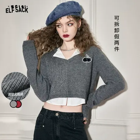 妖精的口袋假两件短款v领针织衫女2023秋新款拼接衬衫显瘦小个子图片