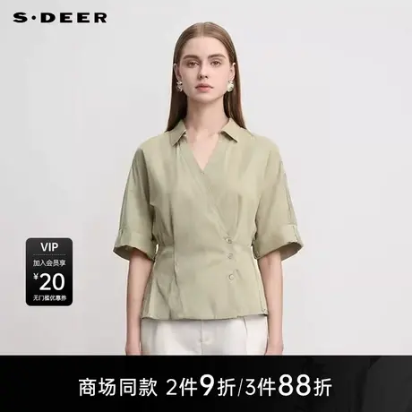 【商场同款】sdeer圣迪奥女OL风翻领压褶拼接中袖衬衫S25280413图片