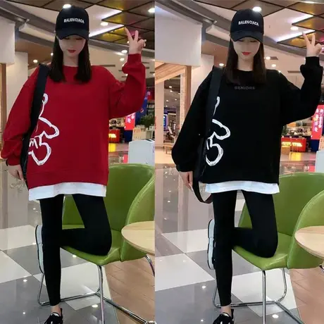 网红小熊印花圆领假两件卫衣女2023秋季新款韩版宽松百搭上衣外穿商品大图