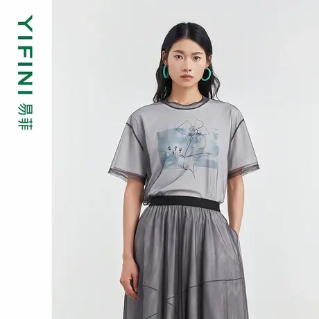 [专柜同款]Yifini/易菲两件套网纱透视感宽松时尚百搭T恤女25夏新图片