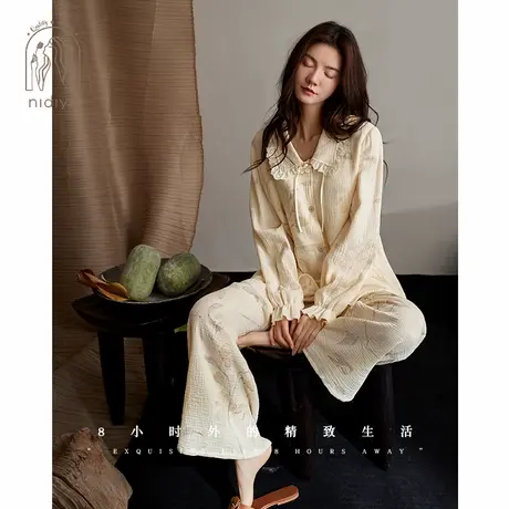 妮狄娅睡衣女秋纯棉纱布带胸垫开衫款清新国风花卉春秋家居服套装商品大图