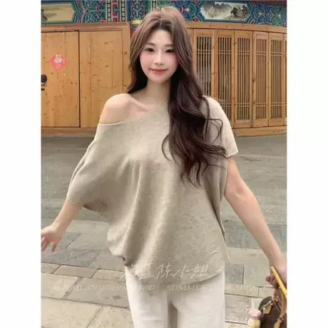 慵懒风～2025夏季新款软糯垂感宽松蝙蝠袖连肩袖针织T恤韩女上衣商品大图