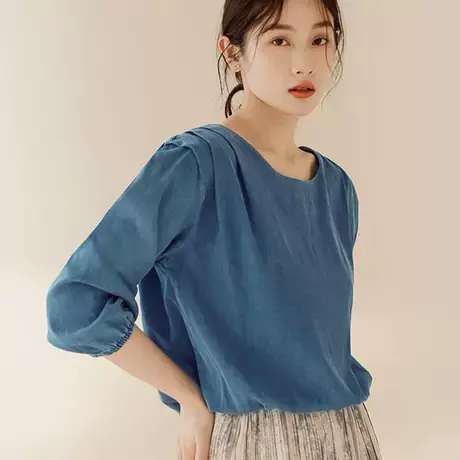 桔熊夏季休闲凉爽牛仔小衫褶皱宽松泡泡袖短款上衣女大码AB17172商品大图