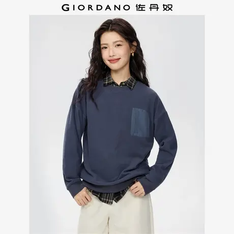 佐丹奴摇粒绒卫衣女秋冬新款套头衫拼布假袋圆领抓绒上衣05325816商品大图