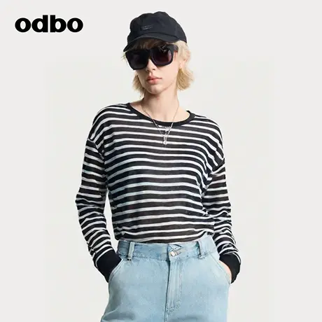 odbo/欧迪比欧2025早秋新款上衣女t恤休闲宽松针织衫条纹百搭圆领商品大图
