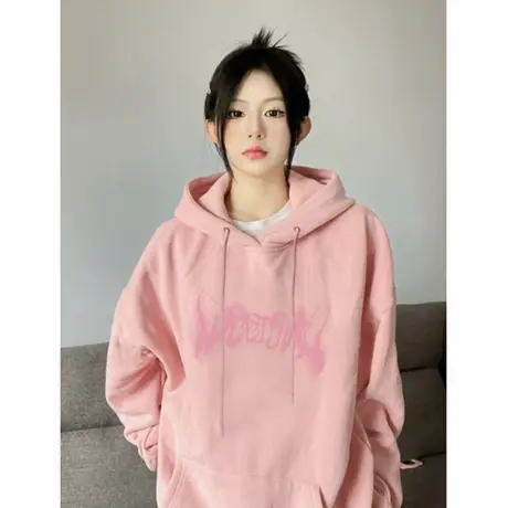 美式粉色连帽卫衣女装2025新款爆款宽松oversize慵懒风小个子上衣商品大图