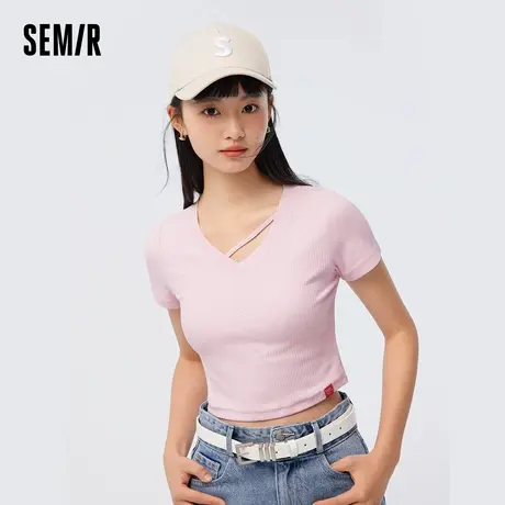 森马短袖T恤女短款套头衫简约气质夏小心机V领紧身针织衫新款2023图片