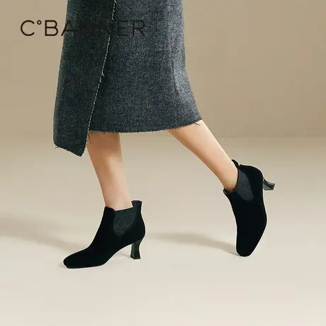 千百度细高跟时装靴女2025冬季新款烟筒靴短筒羊皮弹力袜靴短靴子图片