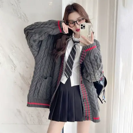 唐狮秋冬季女毛衣复古绞花宽松开衫外套学院风高级简约毛线衫tu图片