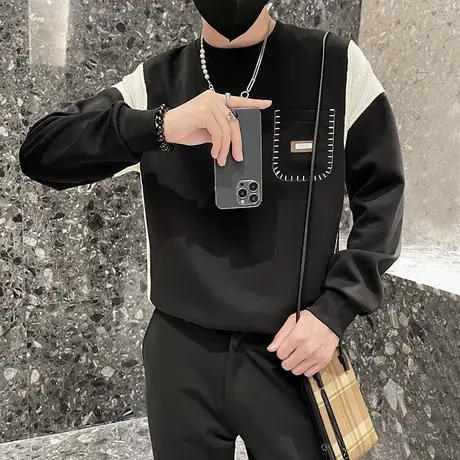 潮流拼接撞色高级感个性卫衣男春秋季重磅休闲上衣长袖打底衫商品大图