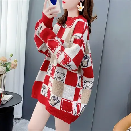 棋盘格卡通圆领毛衣女秋冬2022年新款宽松日系洋气减龄针织衫上衣商品大图