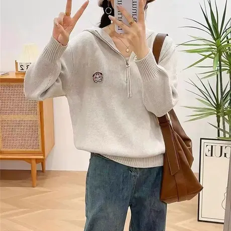 2023年秋冬新款连帽毛衣针织衫女宽松外穿打底洋气上衣设计感小众图片