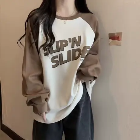 美式ins潮牌插肩袖卫衣女春秋季薄款韩版宽松撞色字母印花上衣服商品大图