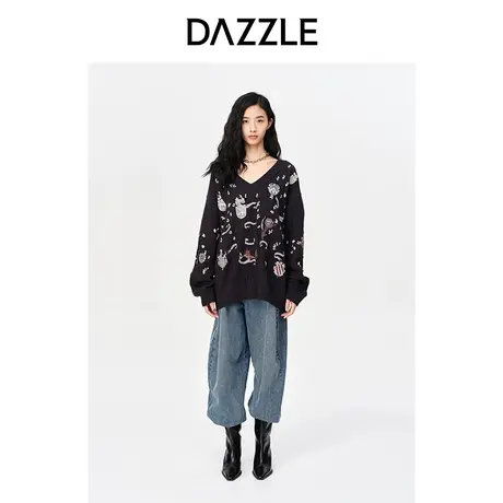 【七七酱专享】DAZZLE地素奥莱秋黑色宽松慵懒风V领刺绣钉珠针织图片