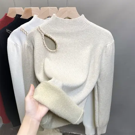 加绒半高领毛衣女一体绒打底衫2023秋冬新款针织衫内搭加厚上衣潮商品大图