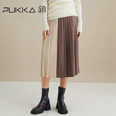 蒲PUKKA 百褶半身裙女秋装新品宽松气质复古拼接撞色中长休闲裙子图片