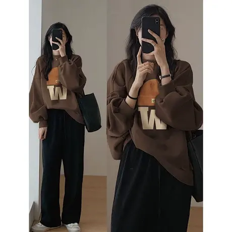 秋冬美拉德穿搭卫衣2023新款山东即墨复古加绒ins潮圆领外套上衣商品大图