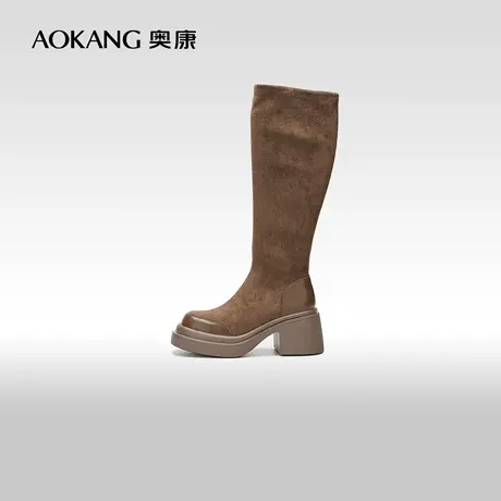 【门店发货】奥康女鞋 2023冬季新款过膝弹力长靴套筒方跟美拉德商品大图