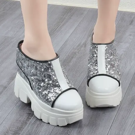 包头亮片凉拖鞋女夏外穿2023新款松糕高跟13cm懒人增高厚底半拖鞋图片