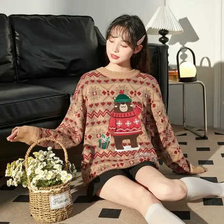 唐狮满印提花熊毛衣女士春秋圆领日系毛衣复古慵懒上衣穿搭毛衣潮图片