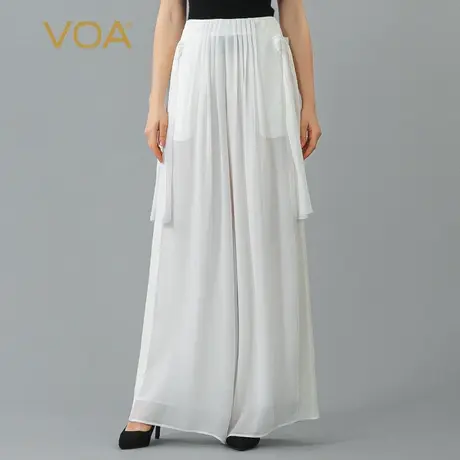 VOA茶白双层乔其桑蚕丝自然腰对丝流苏活页轻盈时尚真丝裙裤商品大图