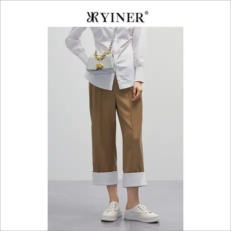 YINER音儿女装春季时尚通勤撞色翻边直筒休闲裤图片