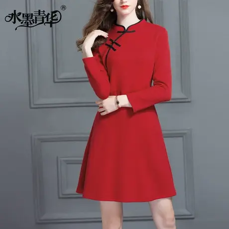 春新品优雅复古盘扣立领修身A字时尚毛织连衣裙图片