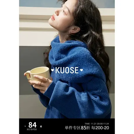 阔色蓝色针织v领毛衣女2023新款秋冬厚落肩袖宽松针织衫搭配围巾图片