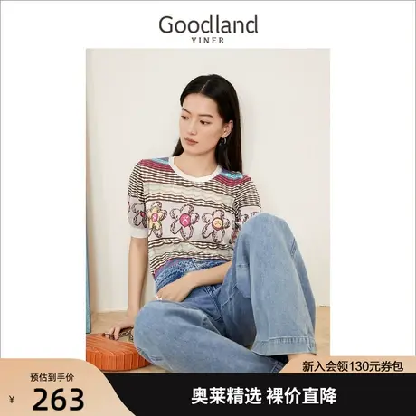 音儿美地女装2022夏季新款时尚花朵条纹圆领针织衫套头商品大图