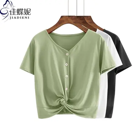 夏季新款V领纯棉修身短款短袖体恤上衣打底网红同款韩版女装T恤商品大图