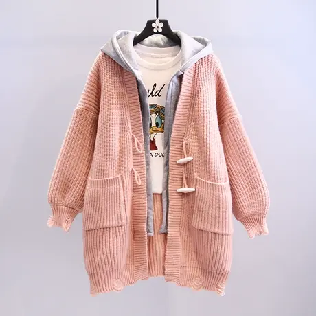 假两件连帽毛衣外套女秋冬2023年新款韩版宽松慵懒风加厚针织开衫商品大图