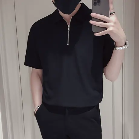 纯色短袖夏季翻领半拉链Polo衫高级感2023新款潮牌时尚男装T恤商品大图