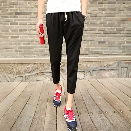 裤子男韩版潮流夏季港风宽松9分休闲裤男士亚麻小脚修身九分裤男商品大图