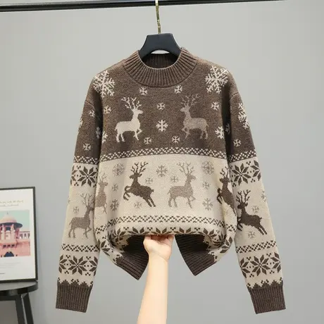 2023春秋新款韩版宽松圆领长袖针织衫打底衫上衣毛衣女士麋鹿内搭商品大图