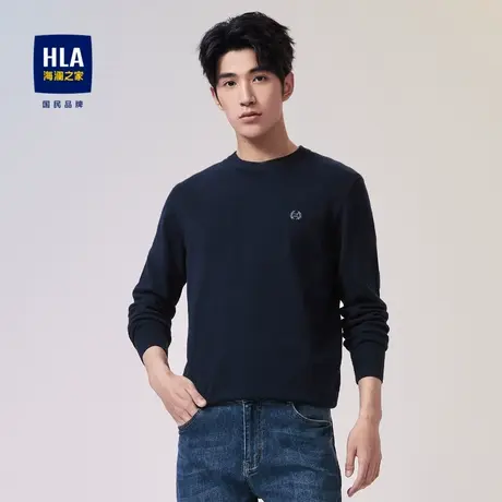 HLA/海澜之家圆领长袖针织衫2023新款秋季基础休闲绣花套头毛衣男图片