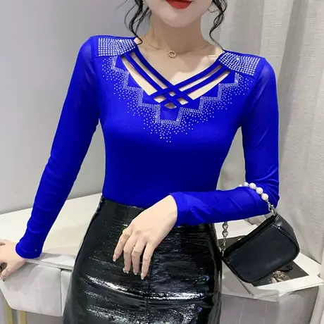 网纱T恤女士长袖漂亮气质秋装性感镂空V领上衣时尚重工烫钻打底衫商品大图