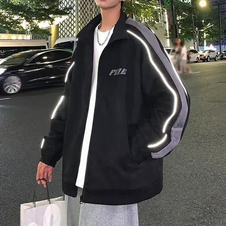 反光条纹麂皮绒夹克男春秋季新款运动拉链开衫潮ins宽松立领外套商品大图