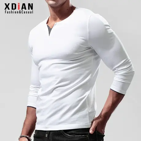 假两件个性小V领长袖t恤男硬汉修身紧身衣运动上衣秋季纯色打底衫商品大图