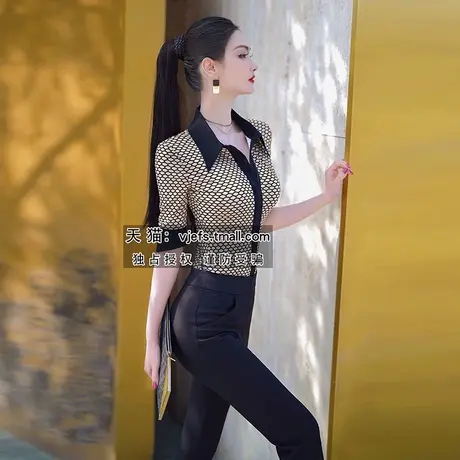 VJE夏季欧美风女士性感网纹印花上衣2023新款短袖收腰气质衬衫女图片