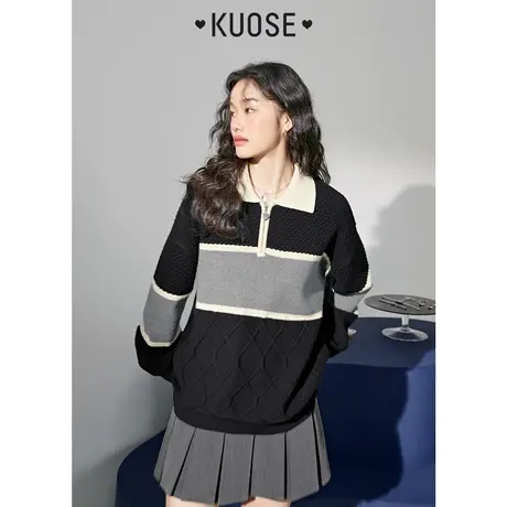 阔色Polo翻领长袖拉链针织衫2023秋冬上衣女新款厚毛衣外套黑商品大图