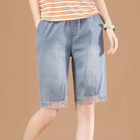 韩潮袭人条纹松紧腰牛仔短裤子2024年夏季新款宽松直筒五分中裤薄商品大图