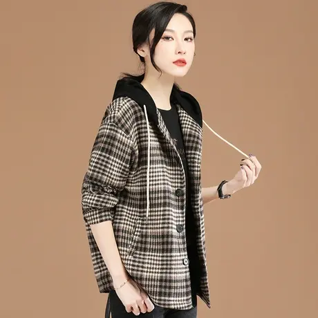 韩潮袭人2023冬季新款小香风连帽格子宽松夹棉加厚呢子毛呢外套女图片